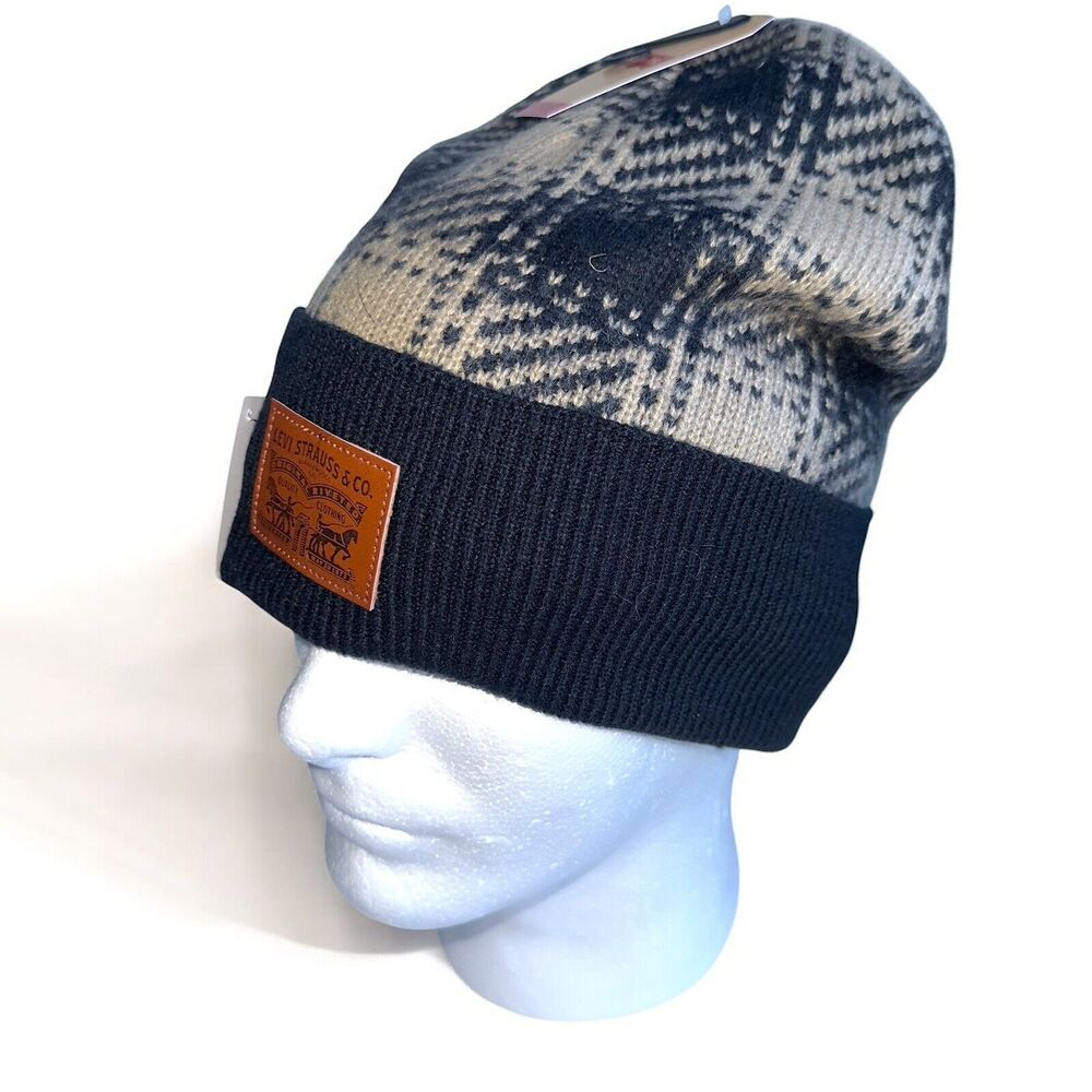 Levis Winter Hat Beanie Plaid Navy Cuffed Sherpa Lined Leather Logo Patch OS